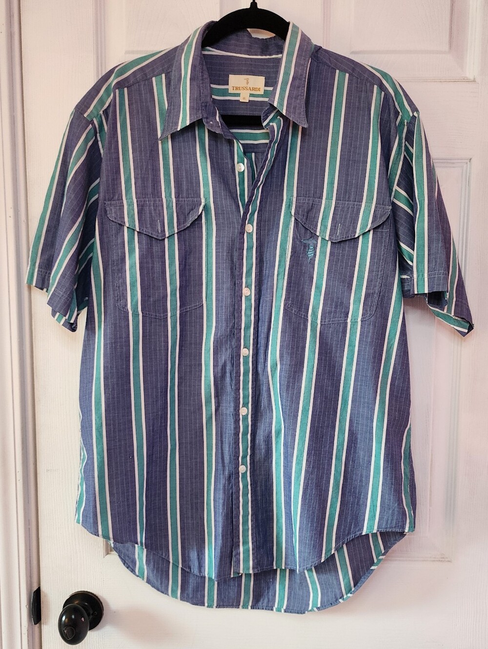Vintage Trussardi Blue and Teal Stripe Short-Sleeve Button Down Mens Large